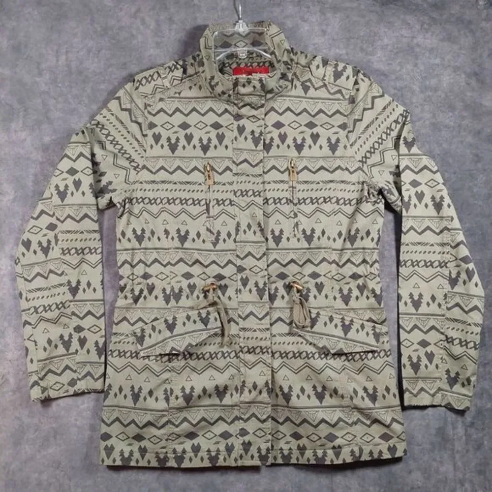 Coffee Shop Green Zip Up Anorak Jacket Cinched Waist‎ Med Full Zip Aztec Print